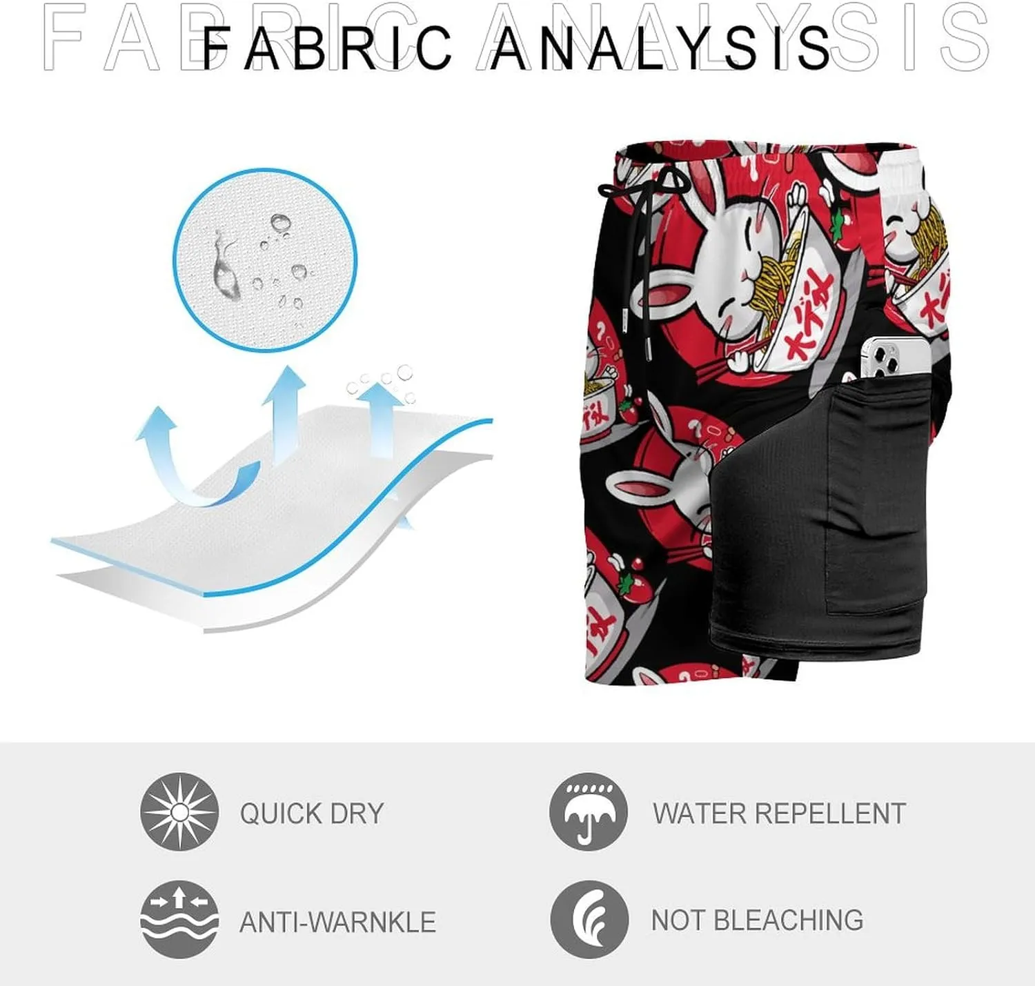 Bunny Eating Ramen Japanese Food Men's Swim Trunks Quick Dry Board Shorts Swimwear Beach Shorts with Compression Liner