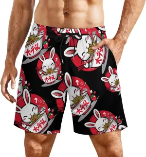 Bunny Eating Ramen Japanese Food Men's Swim Trunks Quick Dry Board Shorts Swimwear Beach Shorts with Compression Liner