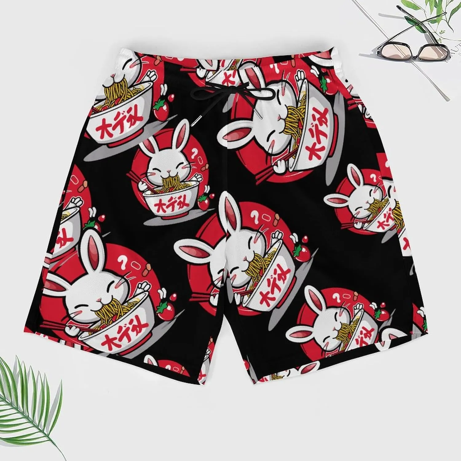 Bunny Eating Ramen Japanese Food Men's Swim Trunks Quick Dry Board Shorts Swimwear Beach Shorts with Compression Liner