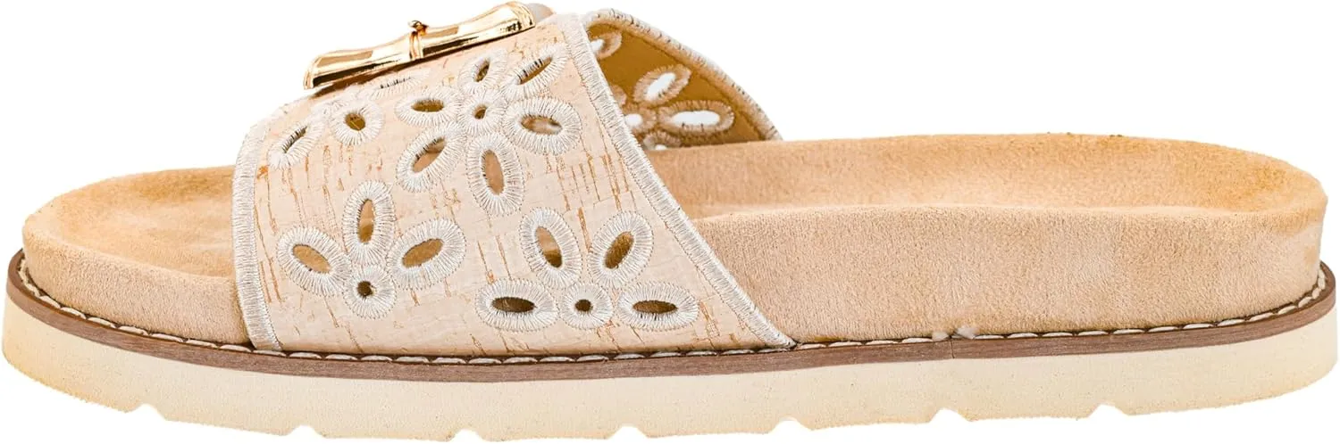 Corkys Footwear Women's Slid In My DM Slip-On Sandals – Comfortable, Cushioned, Lightweight, Floral Detail, Versatile Summer Style Natural Size 07