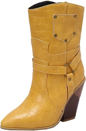 Cowboy Boots for Women Ankle Boots for Women Snake Print Cowboy Boots Stone Print Chunky High Heel Sleeve Short Boots