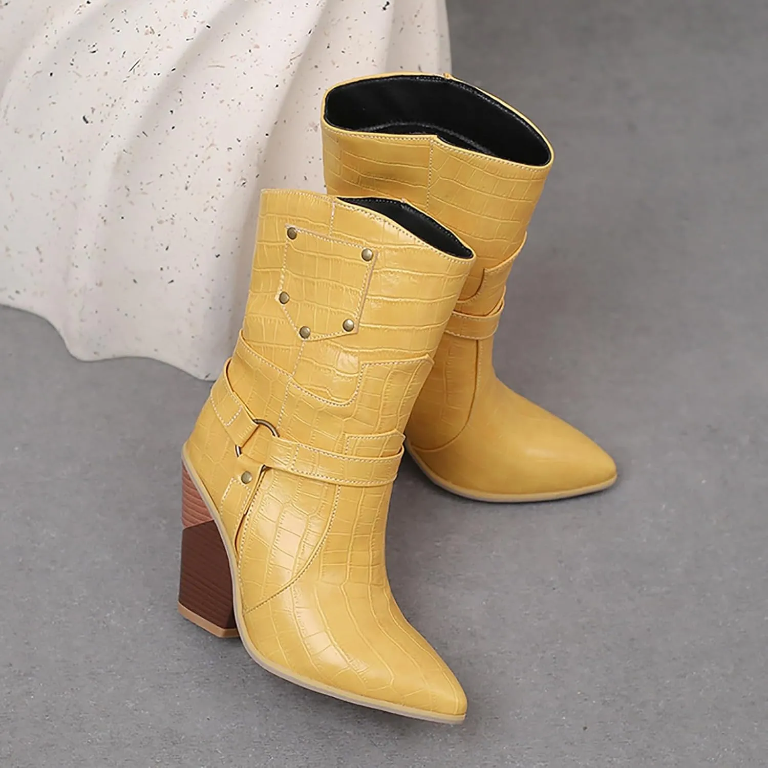 Cowboy Boots for Women Ankle Boots for Women Snake Print Cowboy Boots Stone Print Chunky High Heel Sleeve Short Boots