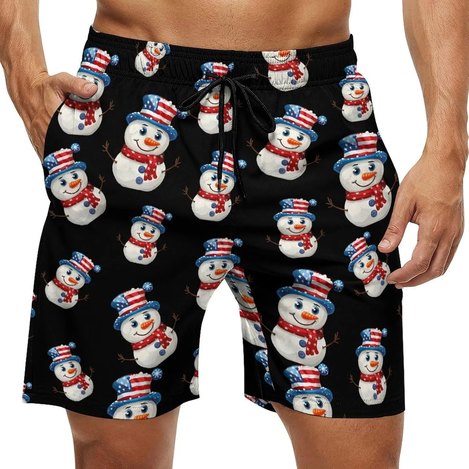 Cute Snowman with U.S. Flag Hat Men's Swim Trunks Quick Dry Bathing Suit Swimming Shorts Beach Swimwear