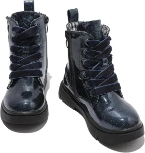 DADAWEN Boys Girls Glitter Ankle Boots Lace Up Waterproof Combat Shoes With Side Zipper for Toddler/Little Kid/Big Kid