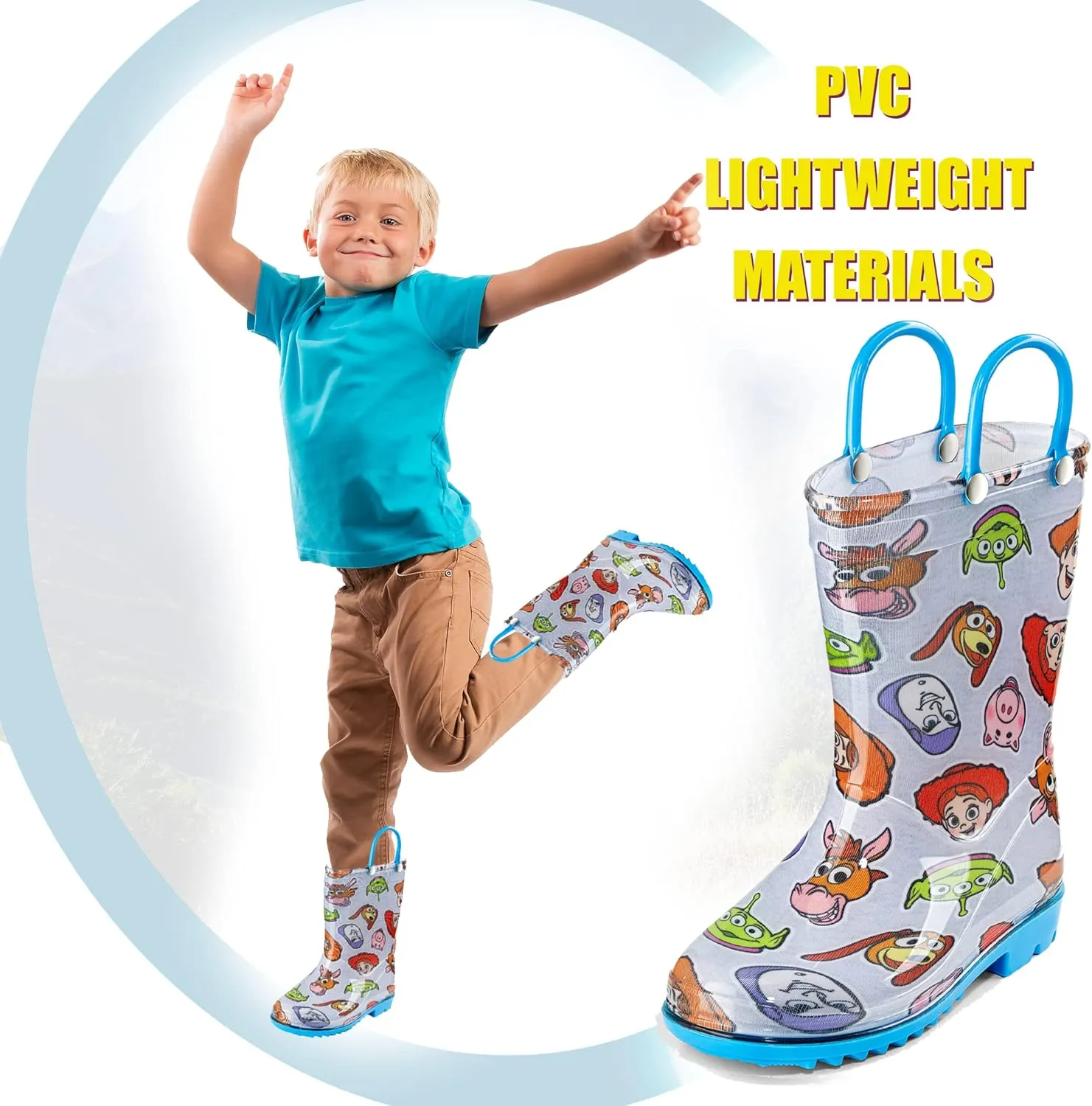 Disney Toy Story Kids' Waterproof PVC Rain Boots – Featuring Buzz Lightyear & Woody – Easy-On Handles – Toddler/Little Kid