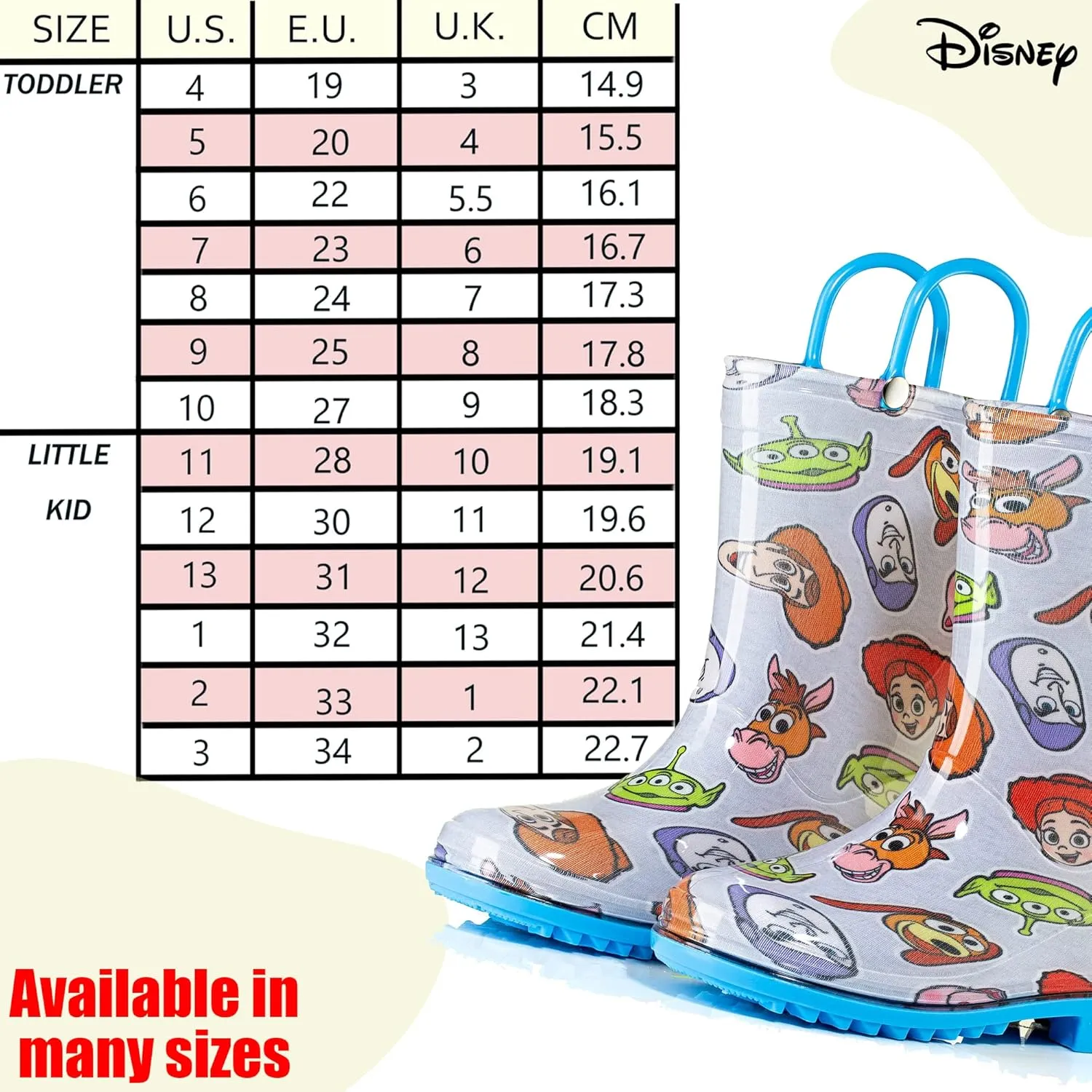 Disney Toy Story Kids' Waterproof PVC Rain Boots – Featuring Buzz Lightyear & Woody – Easy-On Handles – Toddler/Little Kid