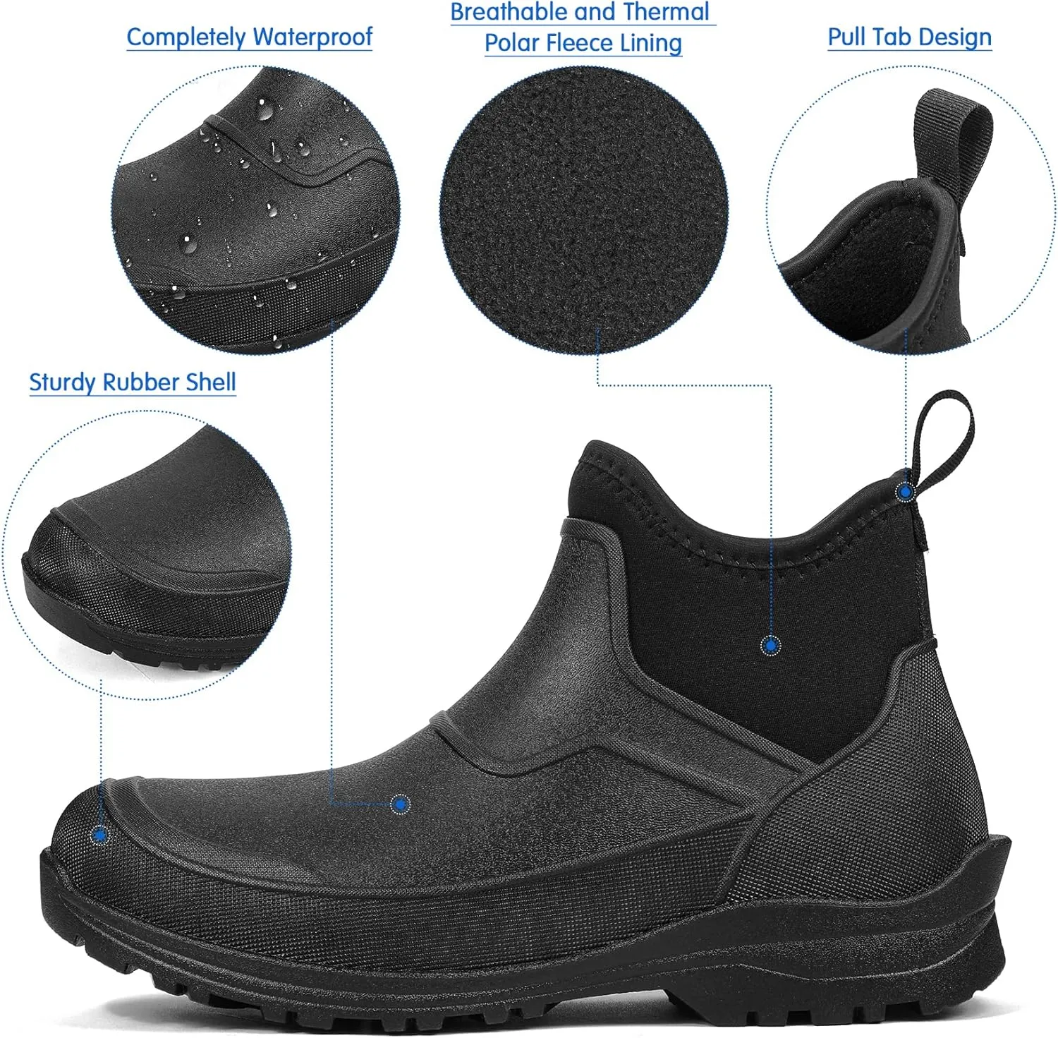 DKSUKO Men's Waterproof Neoprene Ankle Muck Boots,Durable Insulated Rubber Slip On Water Deck Boots,Outdoor Rain Footwear,Anti-Slip Mud Shoes