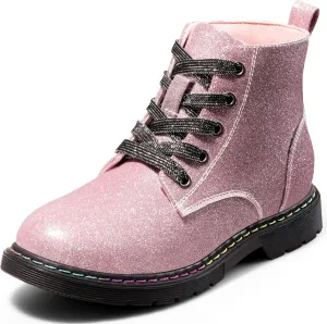Dodow Girls Ankle Boots Glitter Combat Booties Zipper Lace Up Winter Dress Boots for Little Kid Big Kid