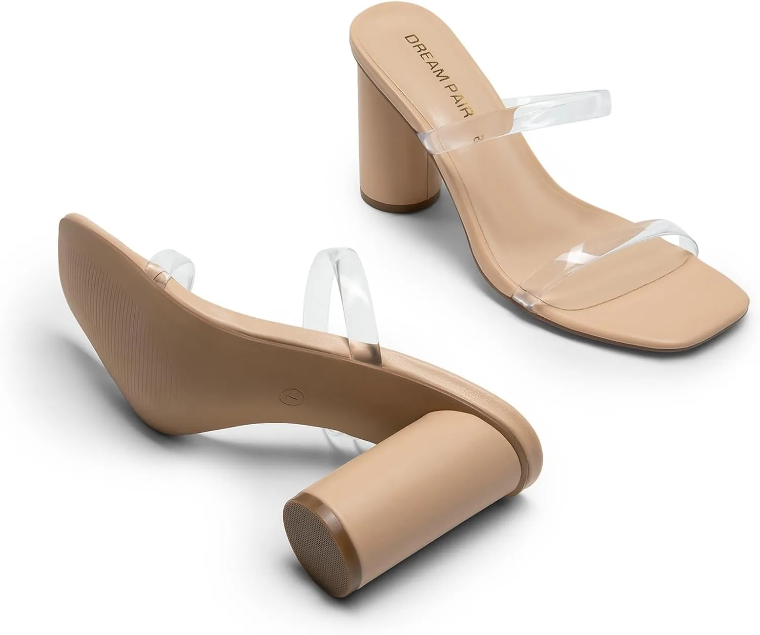 DREAM PAIRS Women's Square Open Toe Block Heels Two Strap Slip On High Heeled Slides Sandals