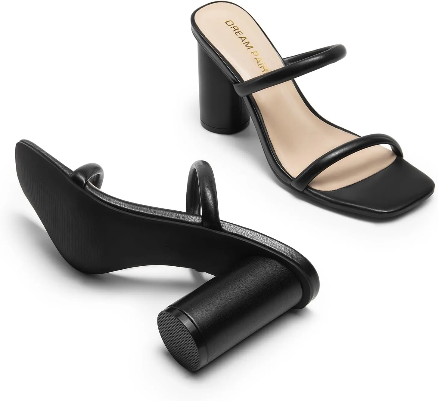 DREAM PAIRS Women's Square Open Toe Block Heels Two Strap Slip On High Heeled Slides Sandals