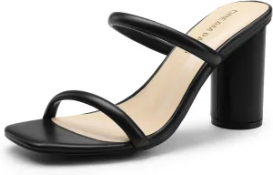 DREAM PAIRS Women's Square Open Toe Block Heels Two Strap Slip On High Heeled Slides Sandals