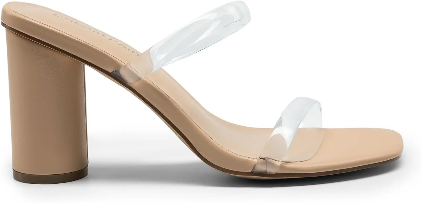 DREAM PAIRS Women's Square Open Toe Block Heels Two Strap Slip On High Heeled Slides Sandals