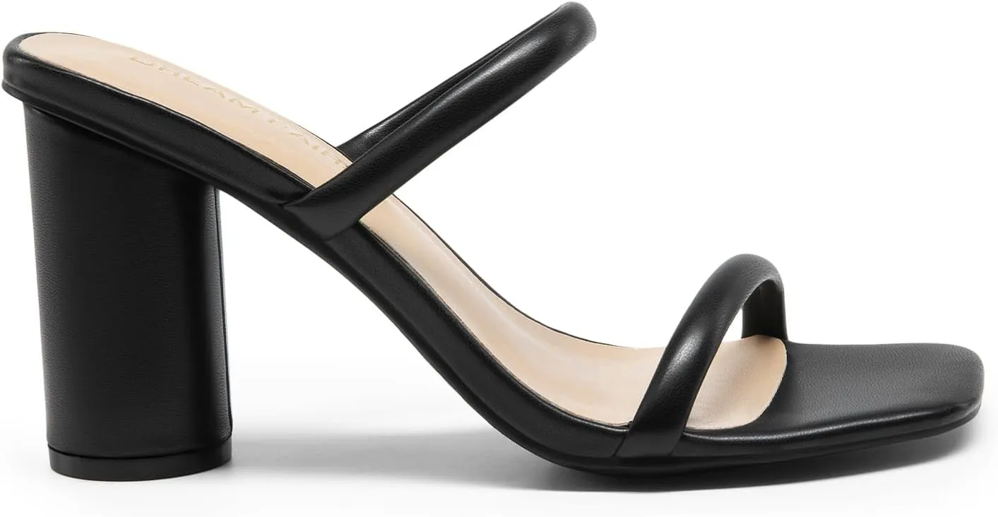 DREAM PAIRS Women's Square Open Toe Block Heels Two Strap Slip On High Heeled Slides Sandals