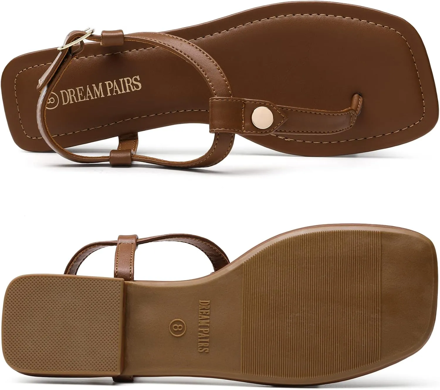 DREAM PAIRS Women's T-Strap Thong Flat Sandals with Cute Square Toe Strappy for Summer