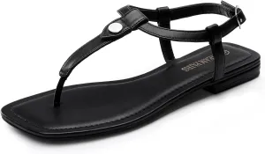 DREAM PAIRS Women's T-Strap Thong Flat Sandals with Cute Square Toe Strappy for Summer