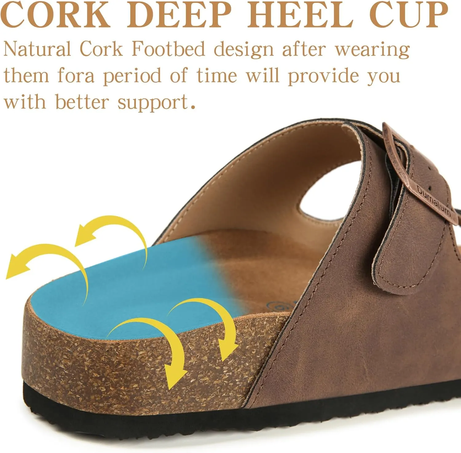 Dumalum Womens Flat Sandals with Cork Footbed Open Toe Slides Adjustable Slip On Slippers for Summer Beach Sandals Arch Support Size 6-12