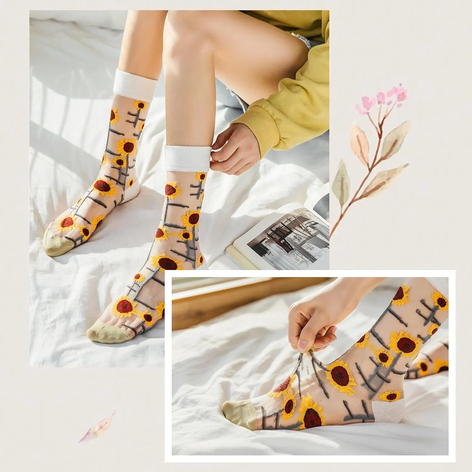 DXYAKY Women's Sheer Floral Embroidered Socks - Vintage Transparent Thin Mesh Crew Socks, Cute & Fashion Lace Aesthetic Ankle