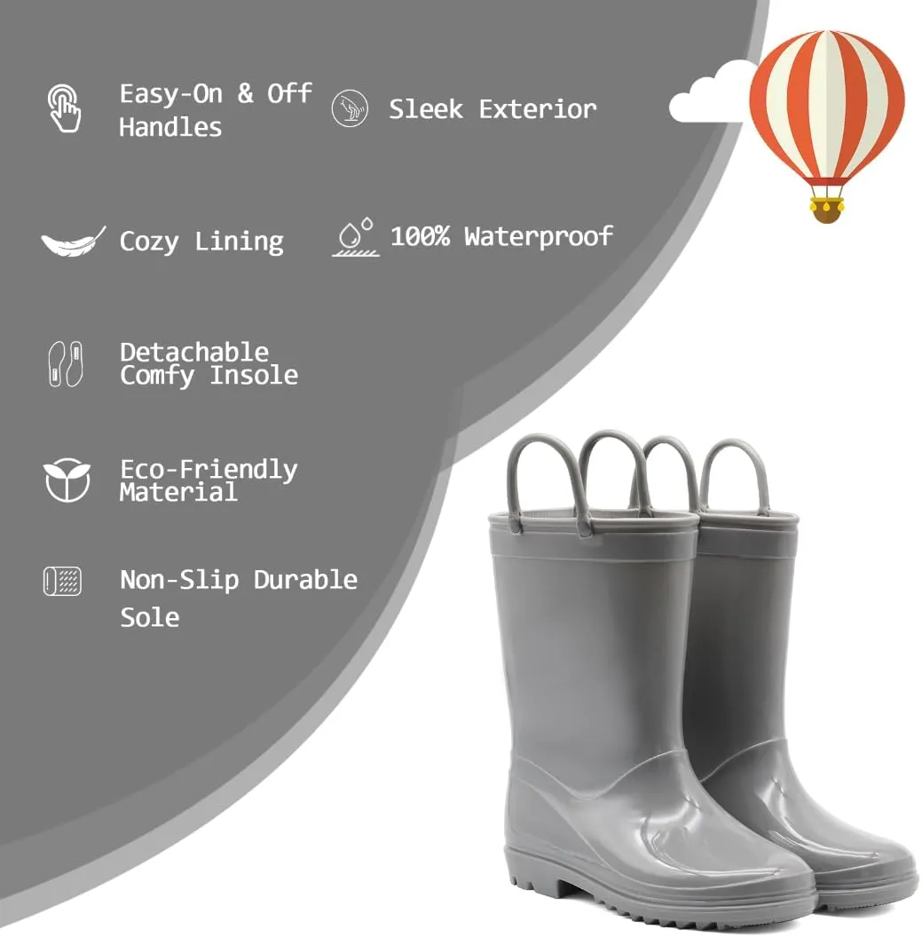 EUXTERPA Boys Girls Waterproof Rain Boots Kids Toddler Solid Color Boots with Easy On Handles