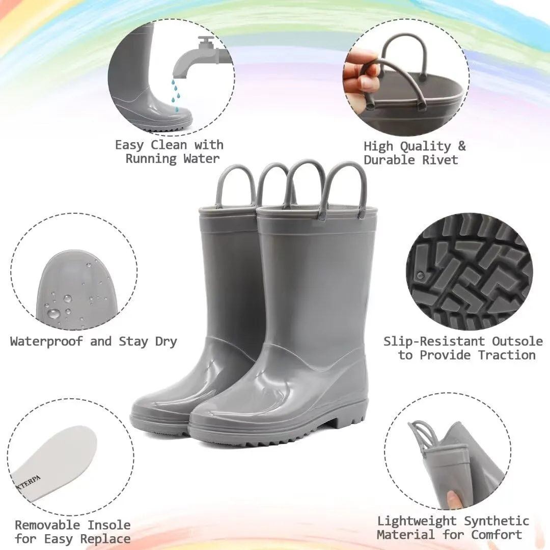 EUXTERPA Boys Girls Waterproof Rain Boots Kids Toddler Solid Color Boots with Easy On Handles
