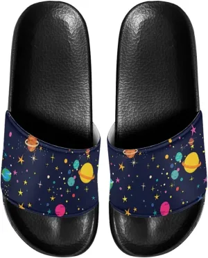 Flat Slippers for Women Non Slip Quick Drying Shower Slides Bathroom Sandals for outdoor indoor Planet Galaxy Star Space Pattern