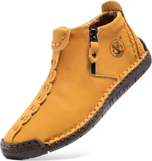 FLYLAND Men's Casual Leather Handmade Fashion Sneakers Ankle Chukka Boots Lightweight Mid-top Dress Shoes Walking Driving Shoe