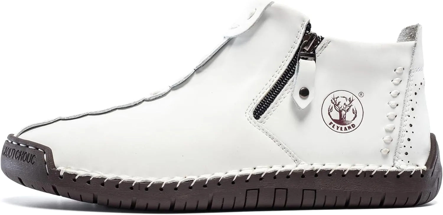 FLYLAND Men's Casual Leather Handmade Fashion Sneakers Ankle Chukka Boots Lightweight Mid-top Dress Shoes Walking Driving Shoe