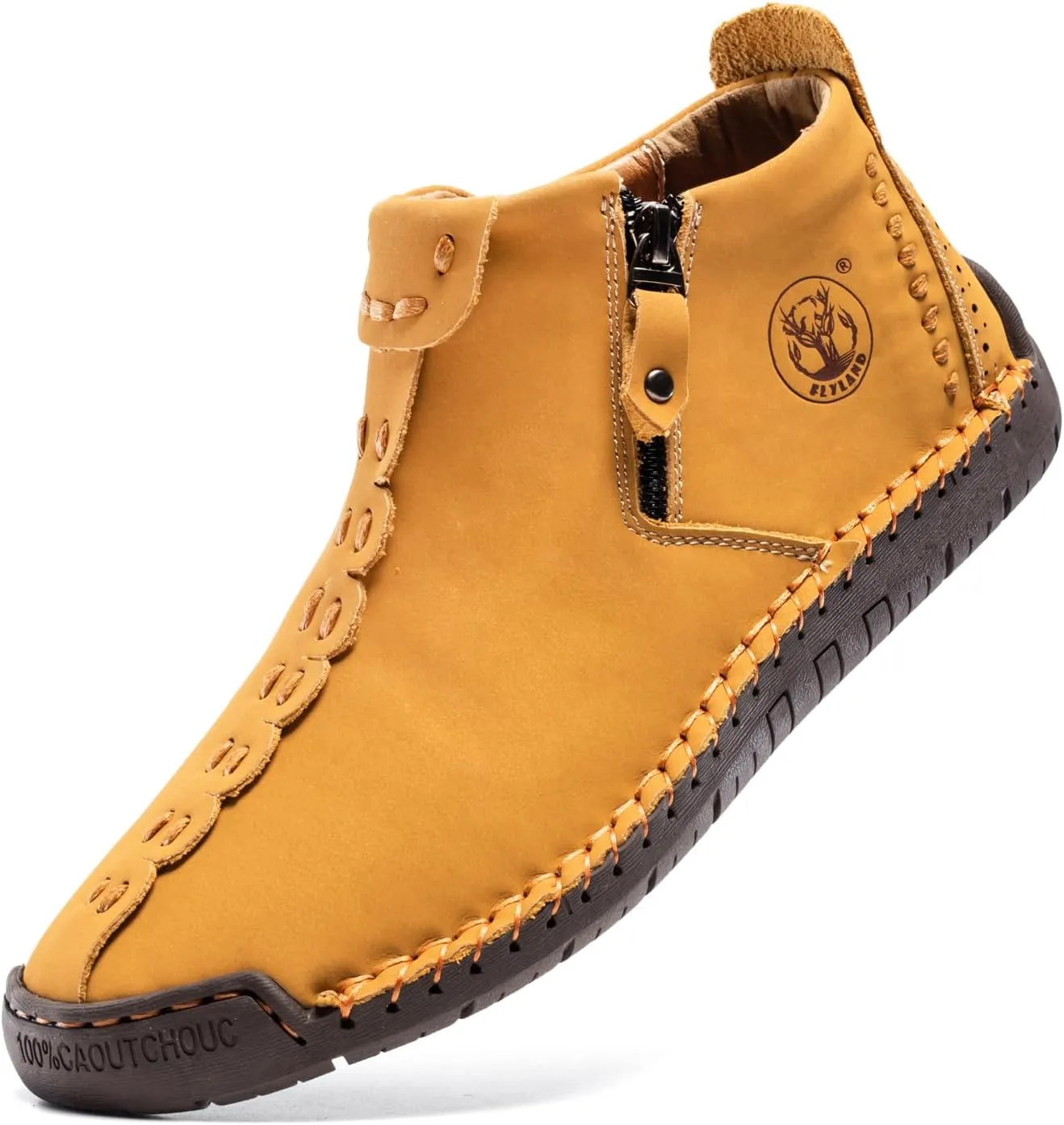 FLYLAND Men's Casual Leather Handmade Fashion Sneakers Ankle Chukka Boots Lightweight Mid-top Dress Shoes Walking Driving Shoe