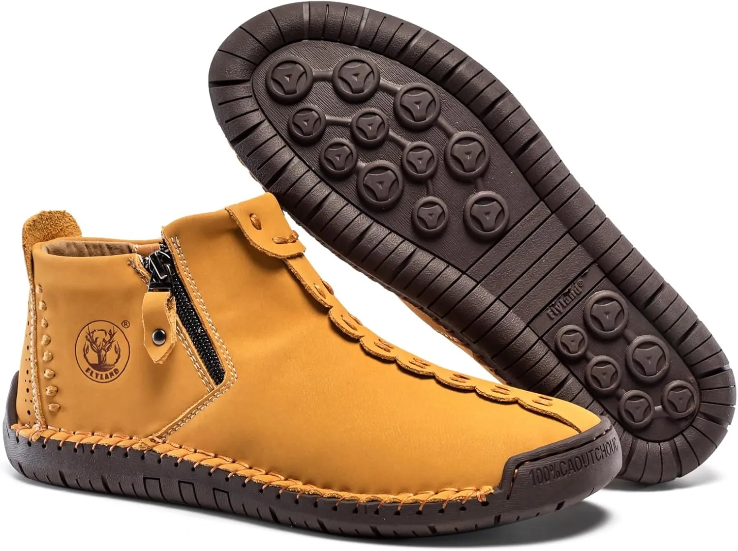 FLYLAND Men's Casual Leather Handmade Fashion Sneakers Ankle Chukka Boots Lightweight Mid-top Dress Shoes Walking Driving Shoe