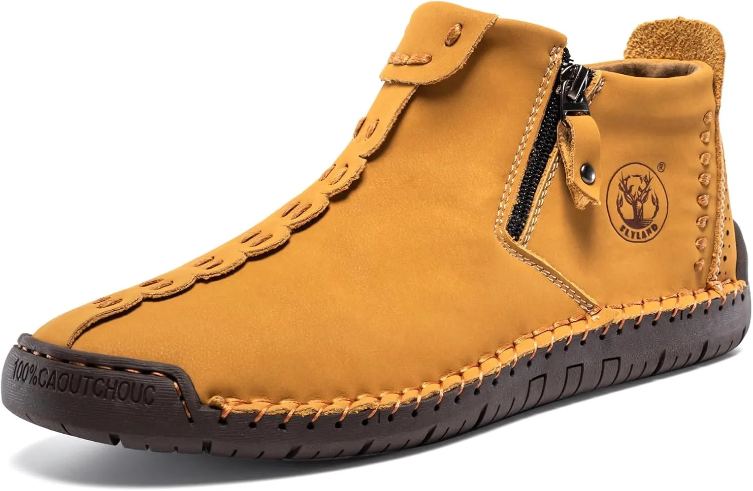 FLYLAND Men's Casual Leather Handmade Fashion Sneakers Ankle Chukka Boots Lightweight Mid-top Dress Shoes Walking Driving Shoe