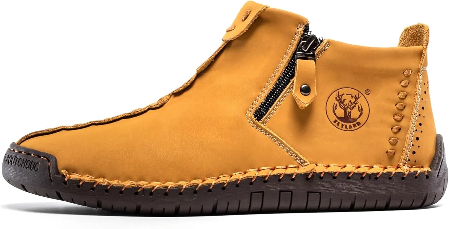 FLYLAND Men's Casual Leather Handmade Fashion Sneakers Ankle Chukka Boots Lightweight Mid-top Dress Shoes Walking Driving Shoe