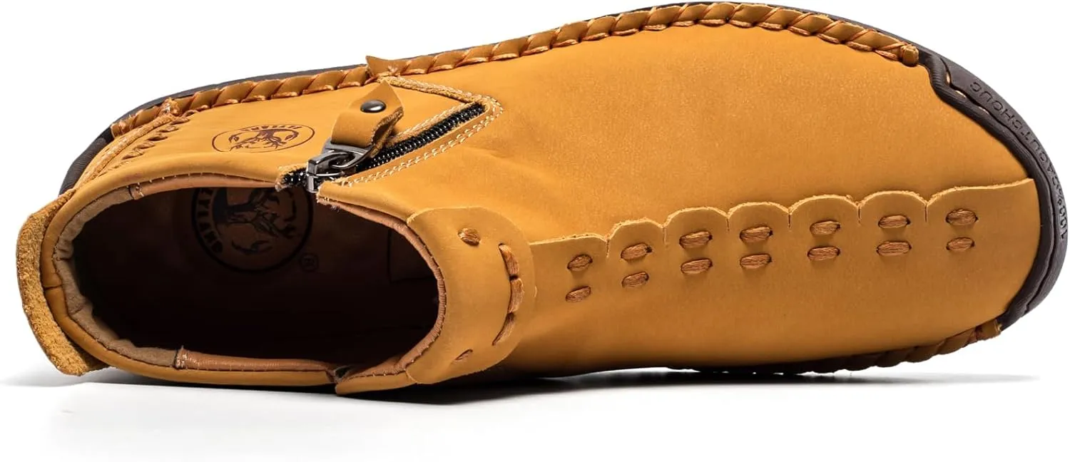FLYLAND Men's Casual Leather Handmade Fashion Sneakers Ankle Chukka Boots Lightweight Mid-top Dress Shoes Walking Driving Shoe