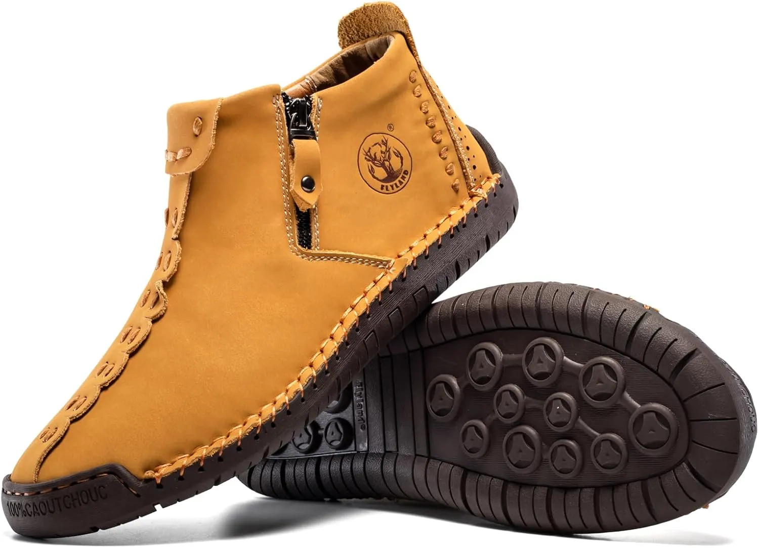 FLYLAND Men's Casual Leather Handmade Fashion Sneakers Ankle Chukka Boots Lightweight Mid-top Dress Shoes Walking Driving Shoe