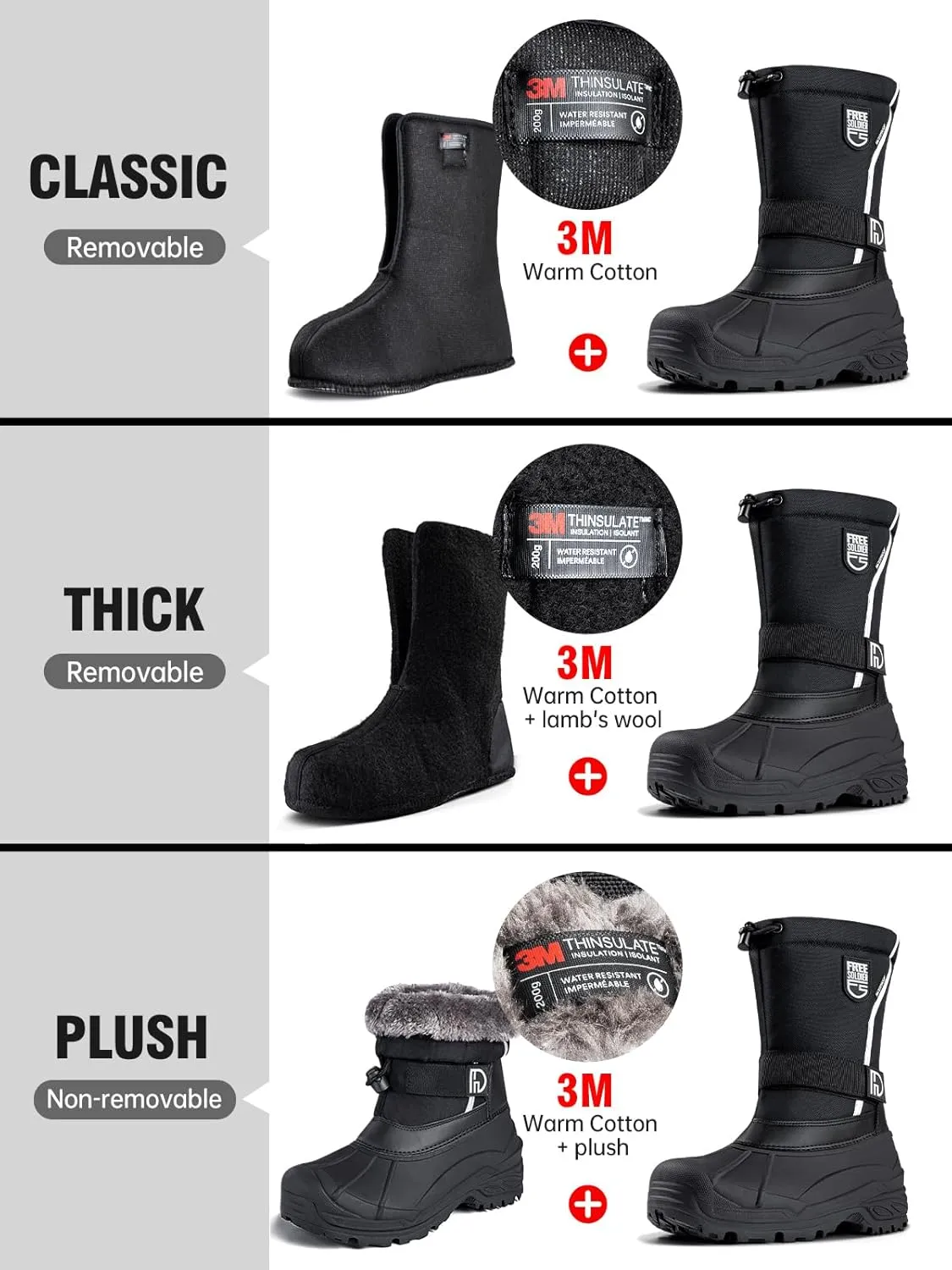 FREE SOLDIER Mens Snow Boots Insulated Waterproof Hiking Winter Shoes Nonslip Outdoor Ankle Cold Weather Boots