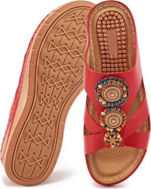 FUDYNMALC Womens Slides Orthopedic Sandals: Summer Dressy Wedge Shoes Handmade Bead Casual Walking Footwear with Comfortable Plantar Fasciitis Support