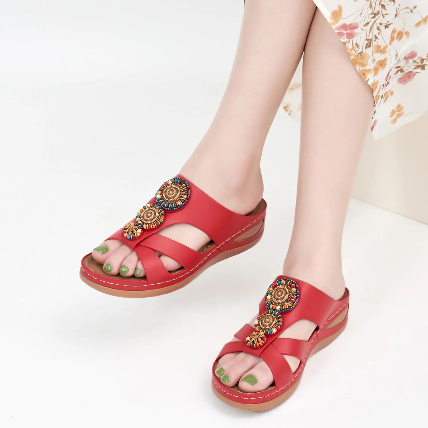 FUDYNMALC Womens Slides Orthopedic Sandals: Summer Dressy Wedge Shoes Handmade Bead Casual Walking Footwear with Comfortable Plantar Fasciitis Support