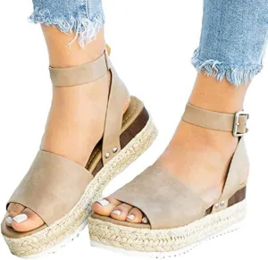 Fululuer Toe Studded Women's Buckle Ankle Rubber Sole Sandals Casual Open Strap Wedge Women's Sandals Sandals with Arch Support for Women Pretty (F-Khaki, 5)