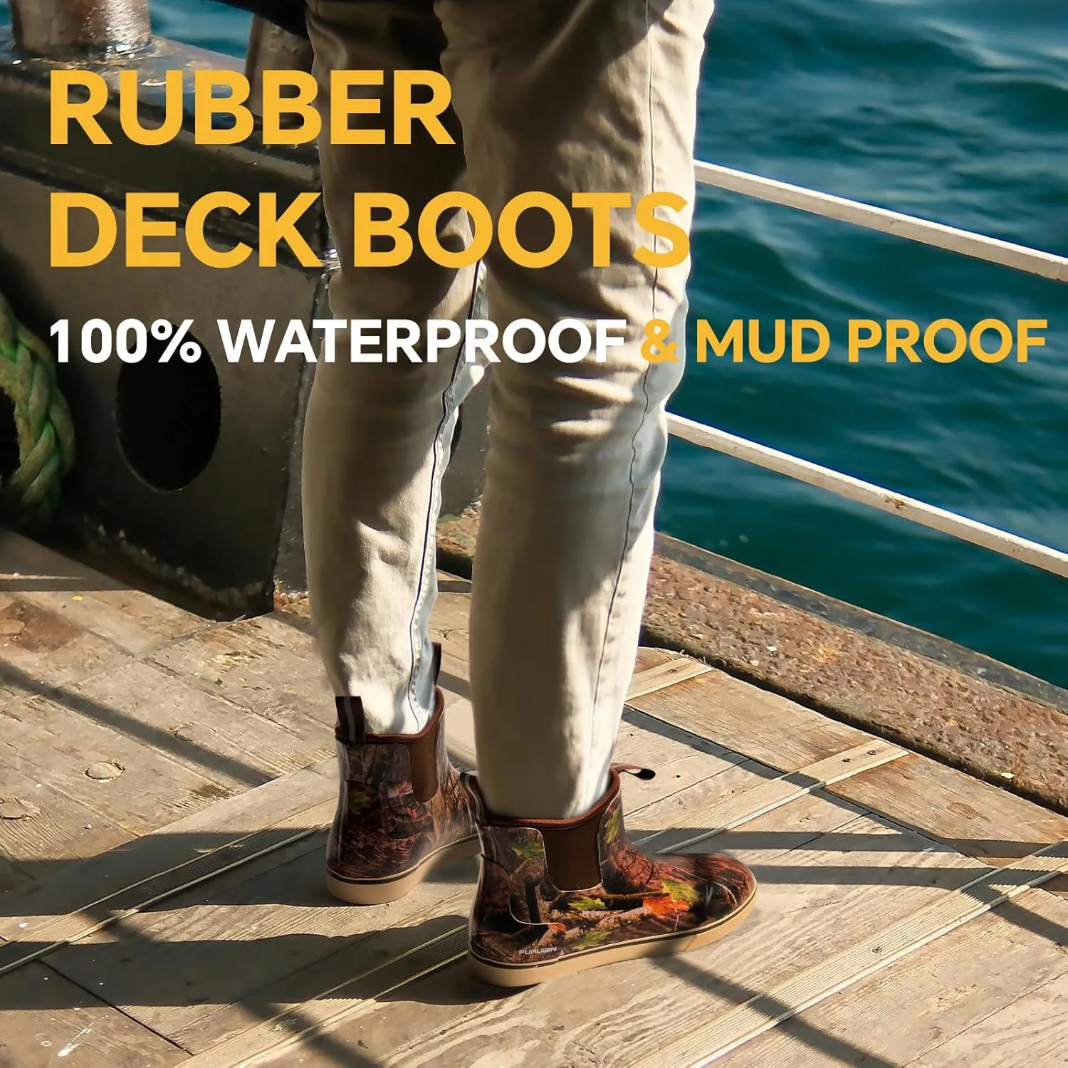 Furuian Men's Deck Boots Fishing Boots Waterproof Rain Boots Ankle Booties Slip On Neoprene Rubber Footwear Chelsea Boots Men botas para hombre for Gardening Fishing Boating Camping Sailing