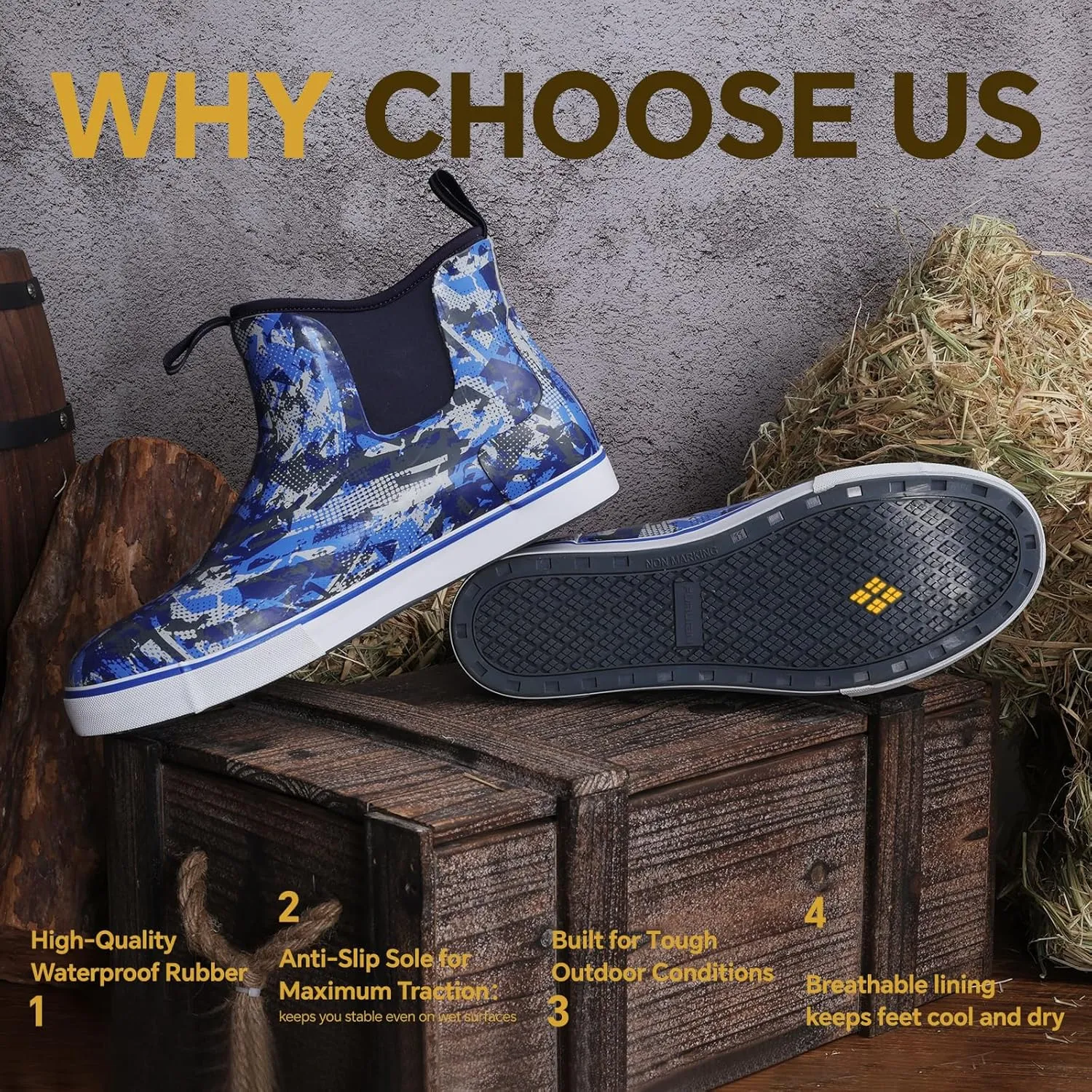 Furuian Men's Deck Boots Fishing Boots Waterproof Rain Boots Ankle Booties Slip On Neoprene Rubber Footwear Chelsea Boots Men botas para hombre for Gardening Fishing Boating Camping Sailing