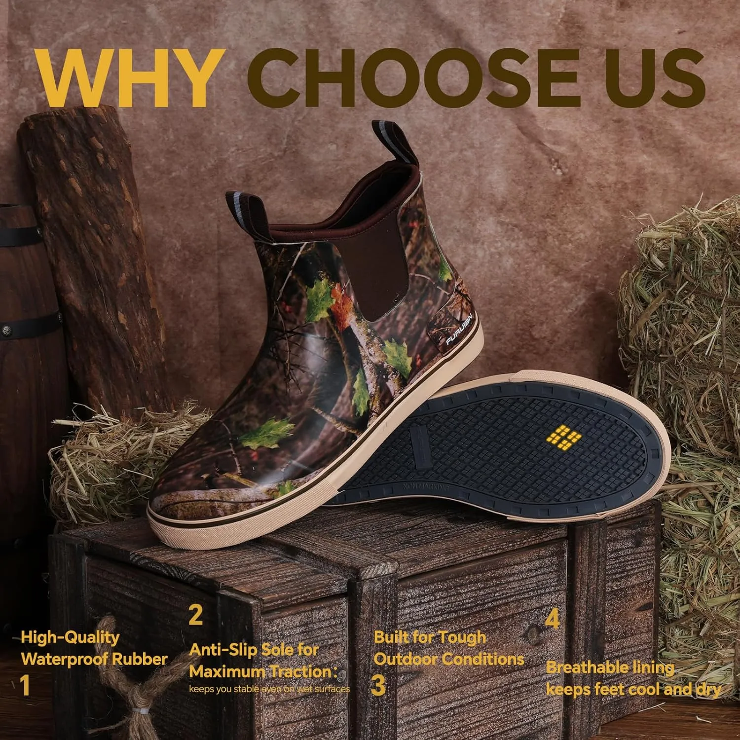 Furuian Men's Deck Boots Fishing Boots Waterproof Rain Boots Ankle Booties Slip On Neoprene Rubber Footwear Chelsea Boots Men botas para hombre for Gardening Fishing Boating Camping Sailing
