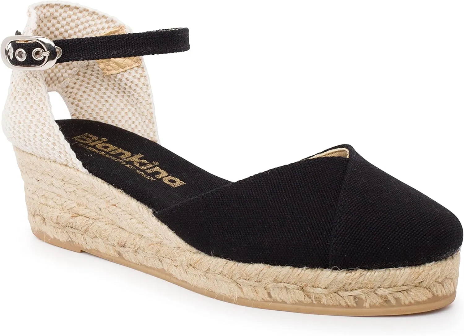 Girona Authentic Spanish Espadrille Wedge Sandals for Women - Sustainable, Eco Friendly, Vegan Shoes. Classic Style, Organic Cotton Canvas Upper, Comfy Insole, Jute Midsole, Rubber Sole. Made in Spain