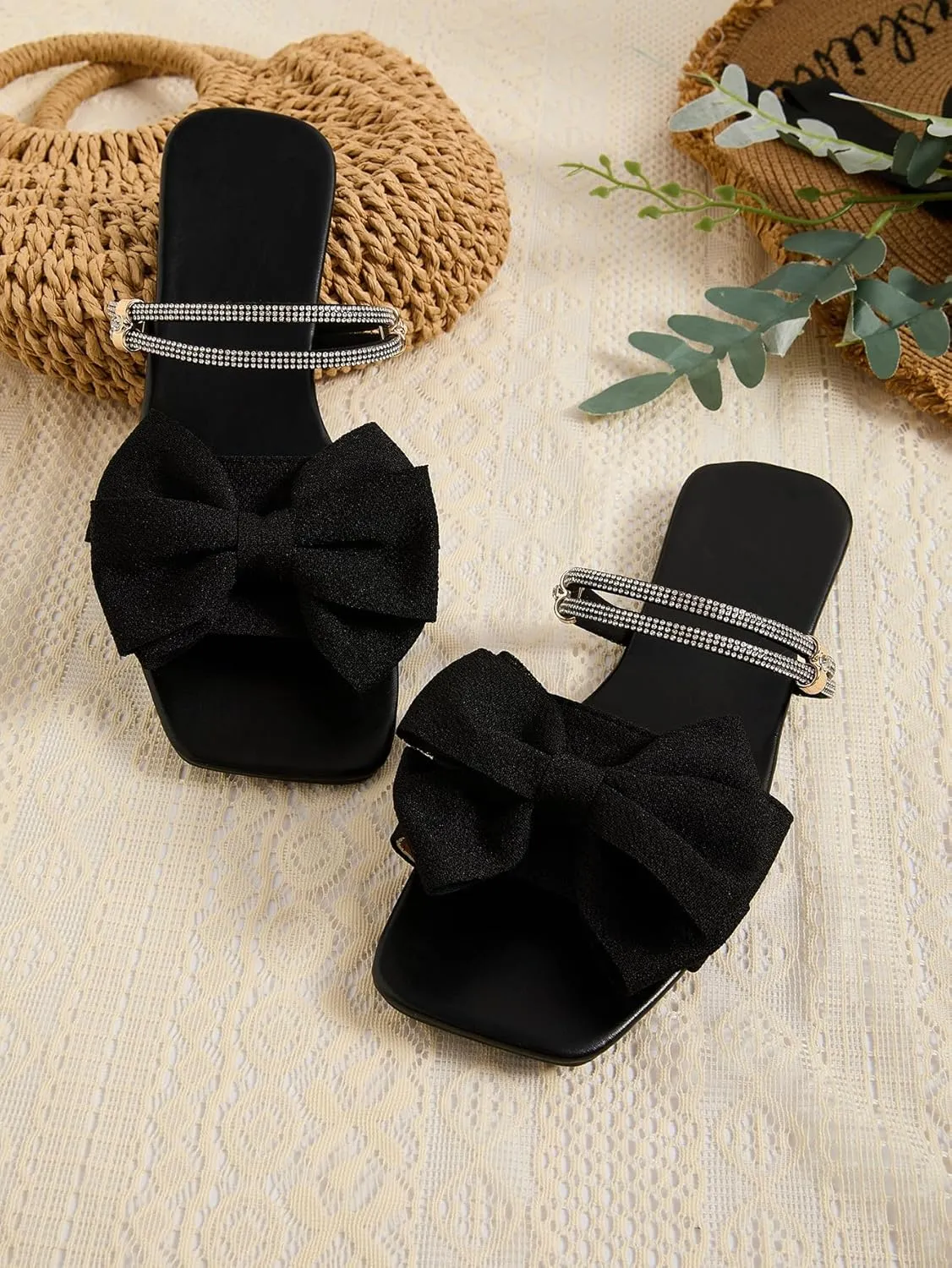 GORGLITTER Women's Bow Flat Sandals Dressy Rhinestone Slides Comfort Sandals Cute Slip On Shoes