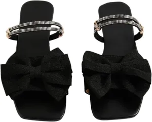 GORGLITTER Women's Bow Flat Sandals Dressy Rhinestone Slides Comfort Sandals Cute Slip On Shoes