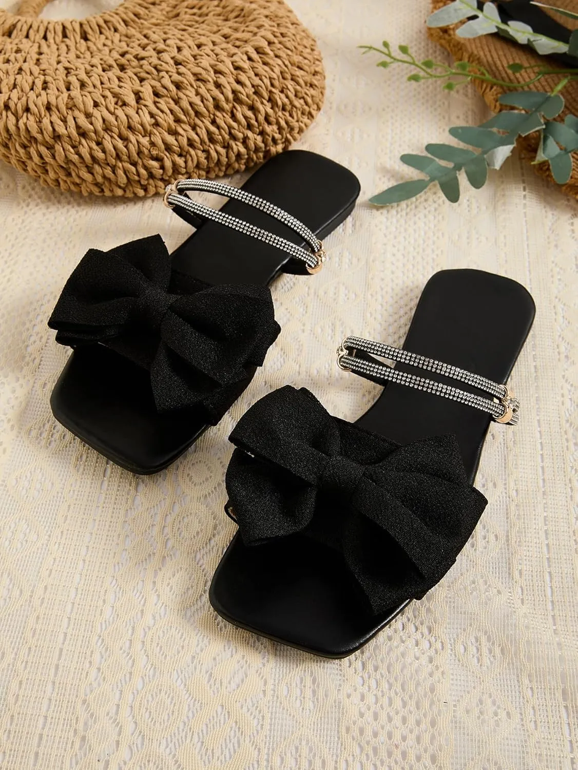 GORGLITTER Women's Bow Flat Sandals Dressy Rhinestone Slides Comfort Sandals Cute Slip On Shoes
