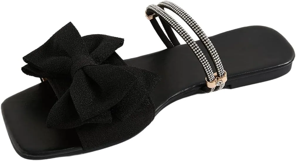 GORGLITTER Women's Bow Flat Sandals Dressy Rhinestone Slides Comfort Sandals Cute Slip On Shoes
