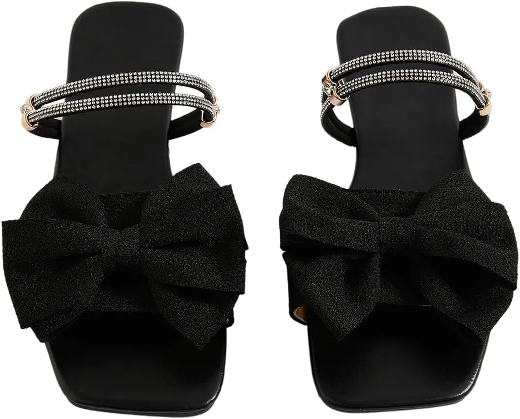 GORGLITTER Women's Bow Flat Sandals Dressy Rhinestone Slides Comfort Sandals Cute Slip On Shoes
