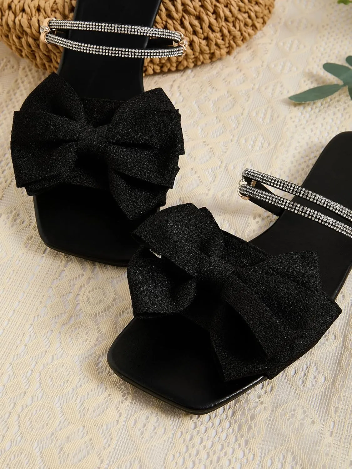 GORGLITTER Women's Bow Flat Sandals Dressy Rhinestone Slides Comfort Sandals Cute Slip On Shoes