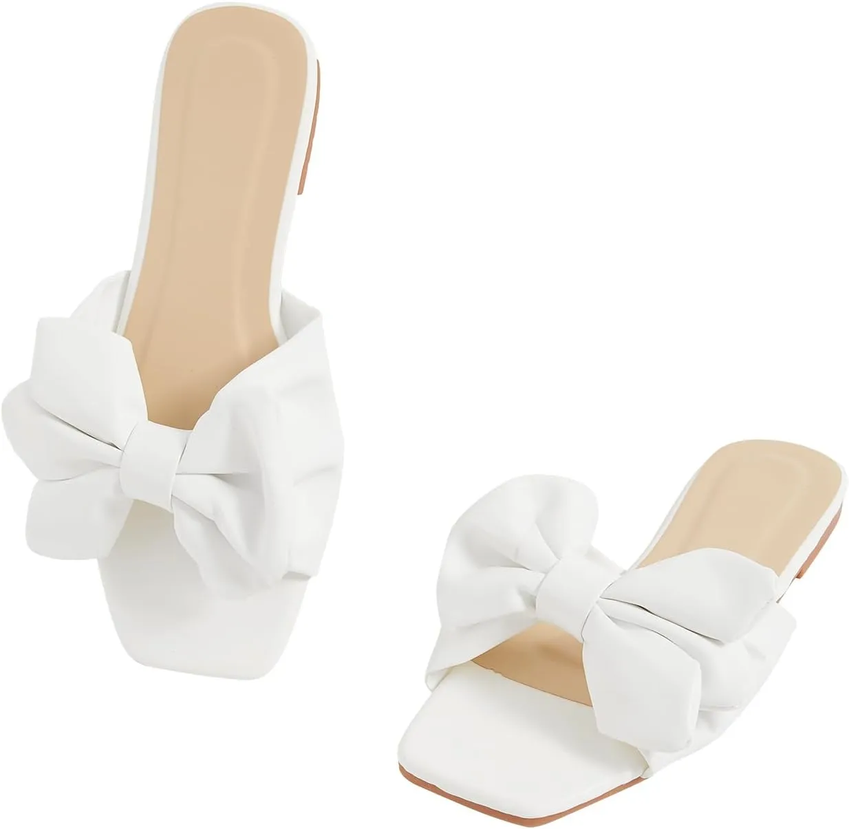 GORGLITTER Women's Bow Flat Sandals Dressy Square Open Toe Sandals Comfortable Slip On Slide Sandals