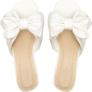 GORGLITTER Women's Bow Flat Sandals Dressy Square Open Toe Sandals Comfortable Slip On Slide Sandals