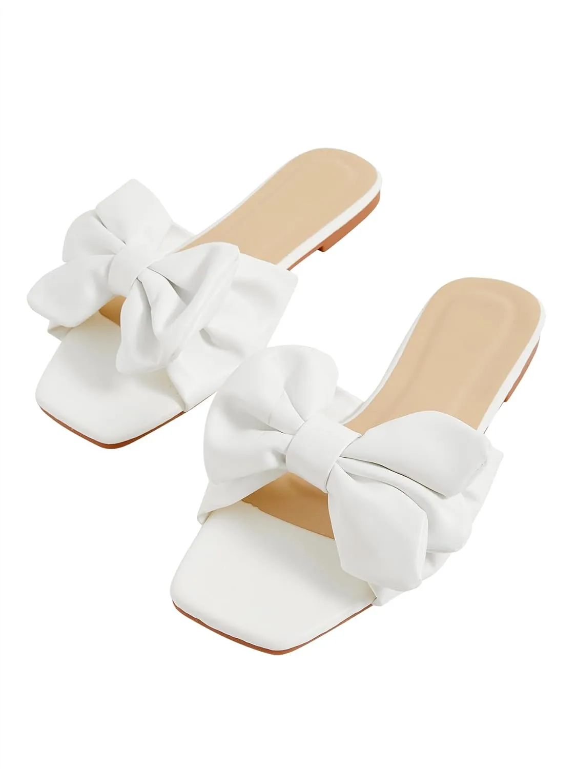 GORGLITTER Women's Bow Flat Sandals Dressy Square Open Toe Sandals Comfortable Slip On Slide Sandals