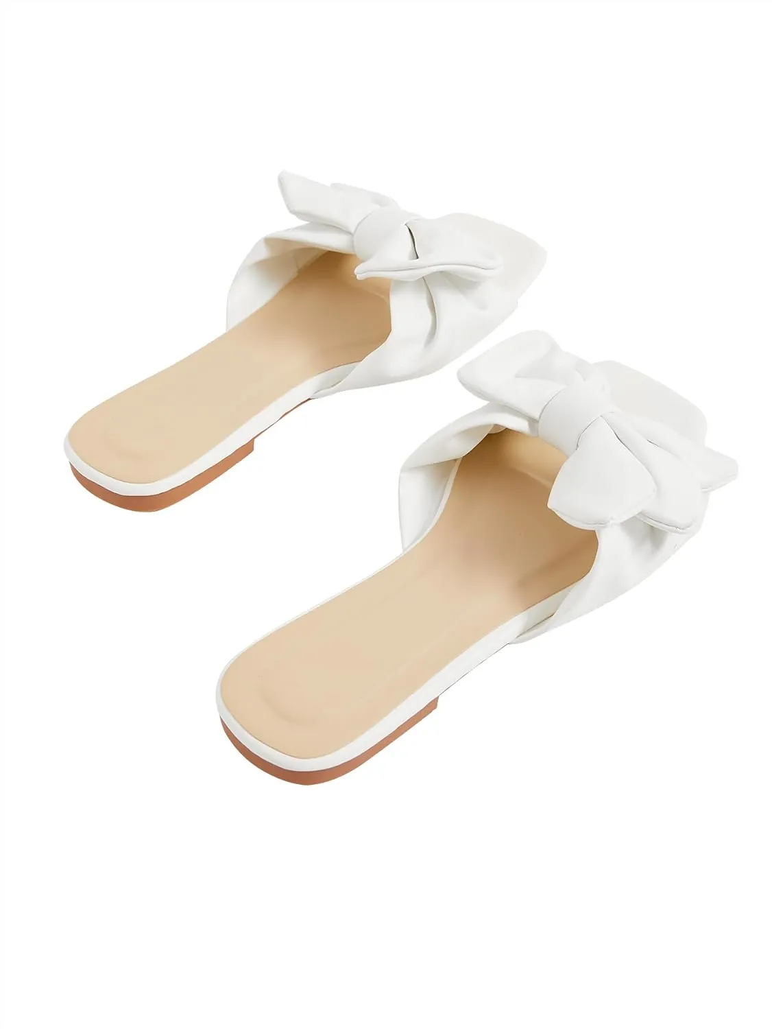GORGLITTER Women's Bow Flat Sandals Dressy Square Open Toe Sandals Comfortable Slip On Slide Sandals